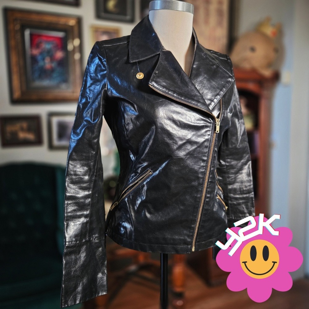 Calvin Klein Leather Jacket Y2K‎ Sample Production Moto Black Fitted Rare GIII